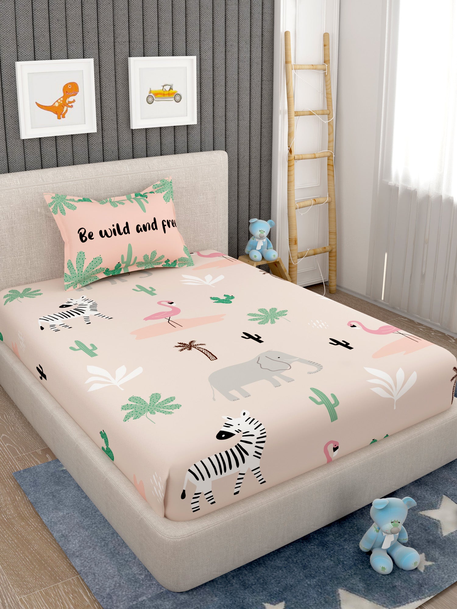 EverHome Pink Animal Print 100%Cotton Single Bedsheet with 1 Pillow Cover (150X224 cm)