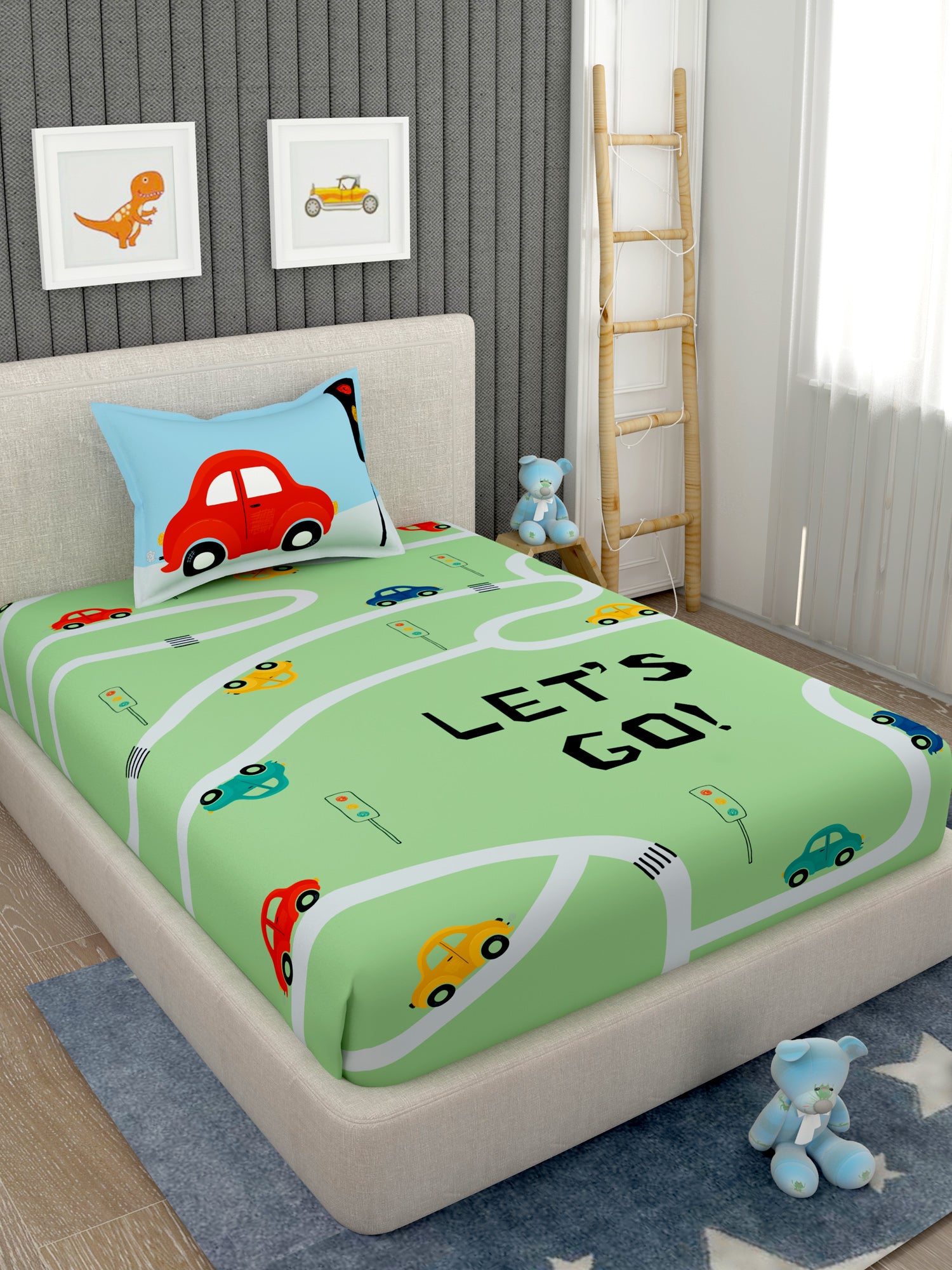 EverHome Green Conversational Print 100%Cotton Single Bedsheet with 1 Pillow Cover (150X224 cm)
