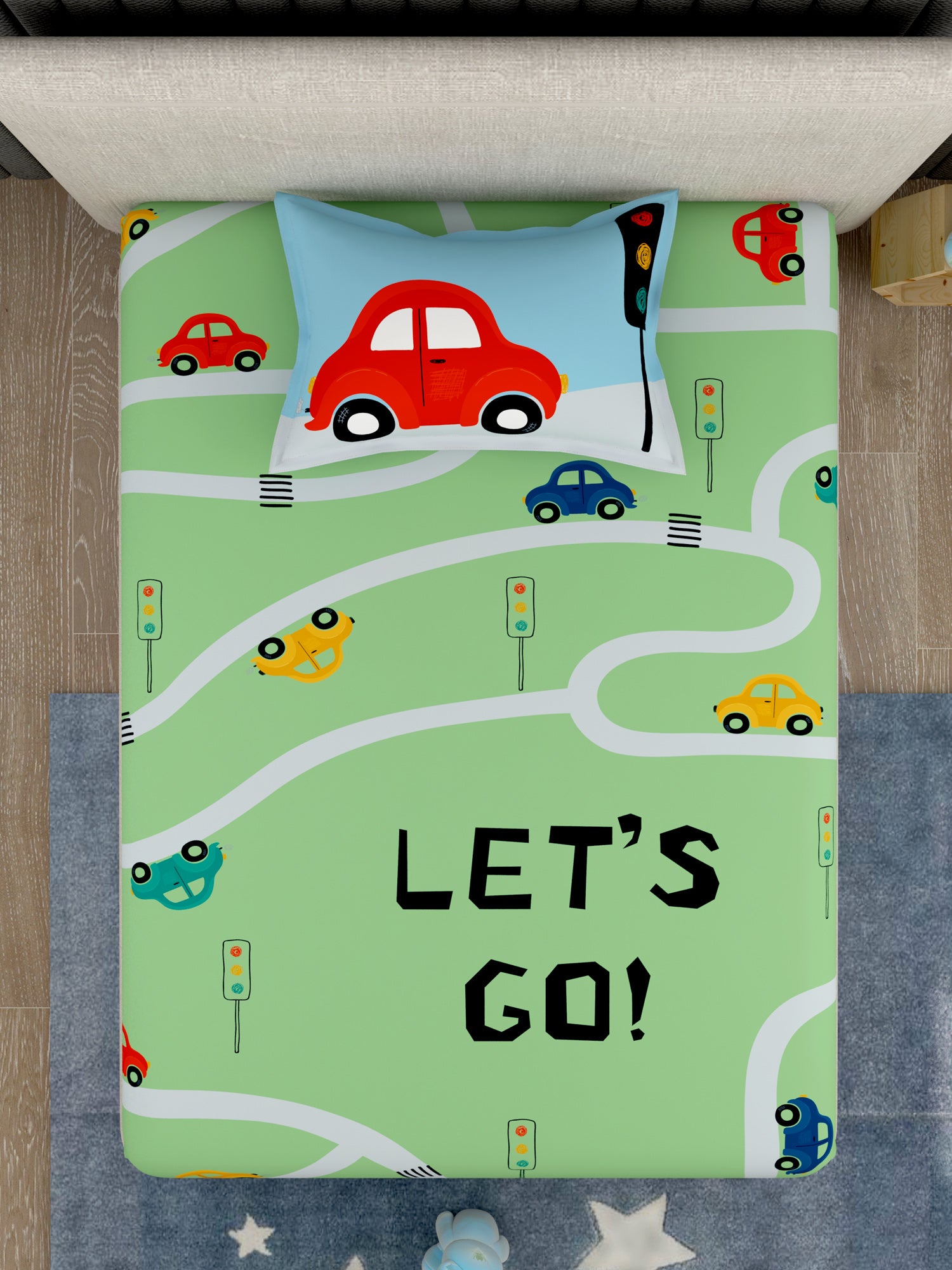 EverHome Green Conversational Print 100%Cotton Single Bedsheet with 1 Pillow Cover (150X224 cm)