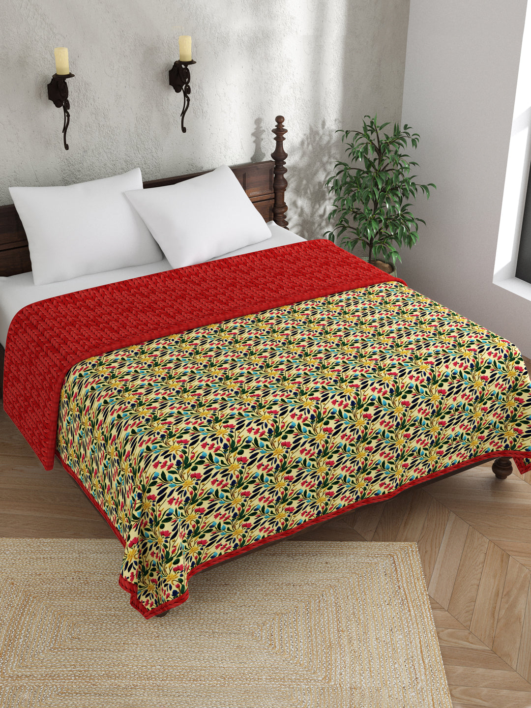 Red & Beige Floral Print AC Room 120 GSM  Cotton Double Bed Dohar