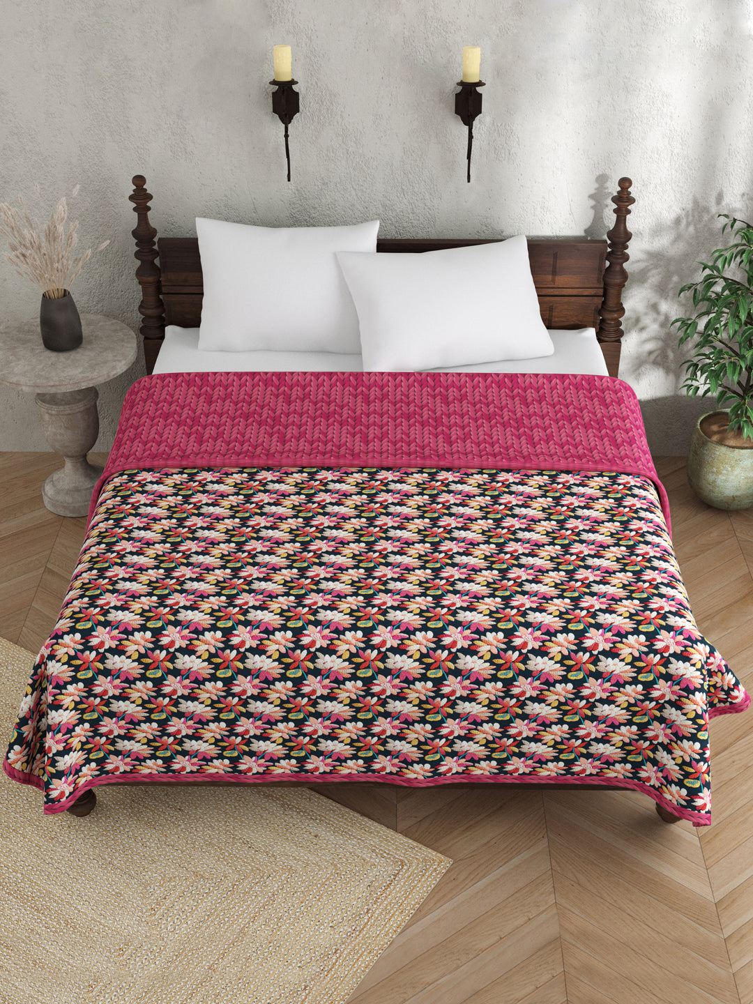 Pink & Blue Floral Print AC Room 120 GSM  Cotton Double Bed Dohar