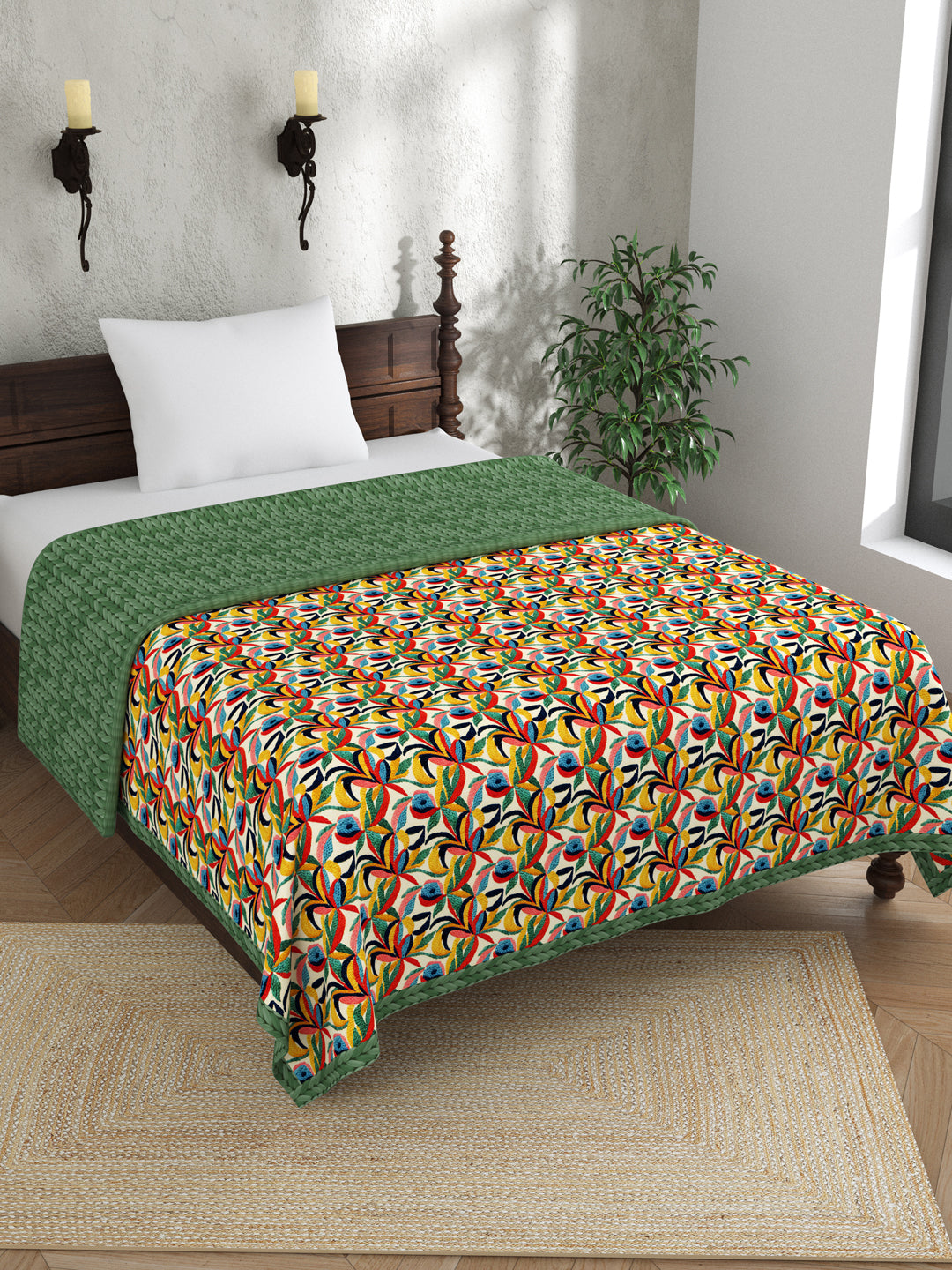 Green & Beige Floral Print AC Room 120 GSM  Cotton Single Bed Dohar