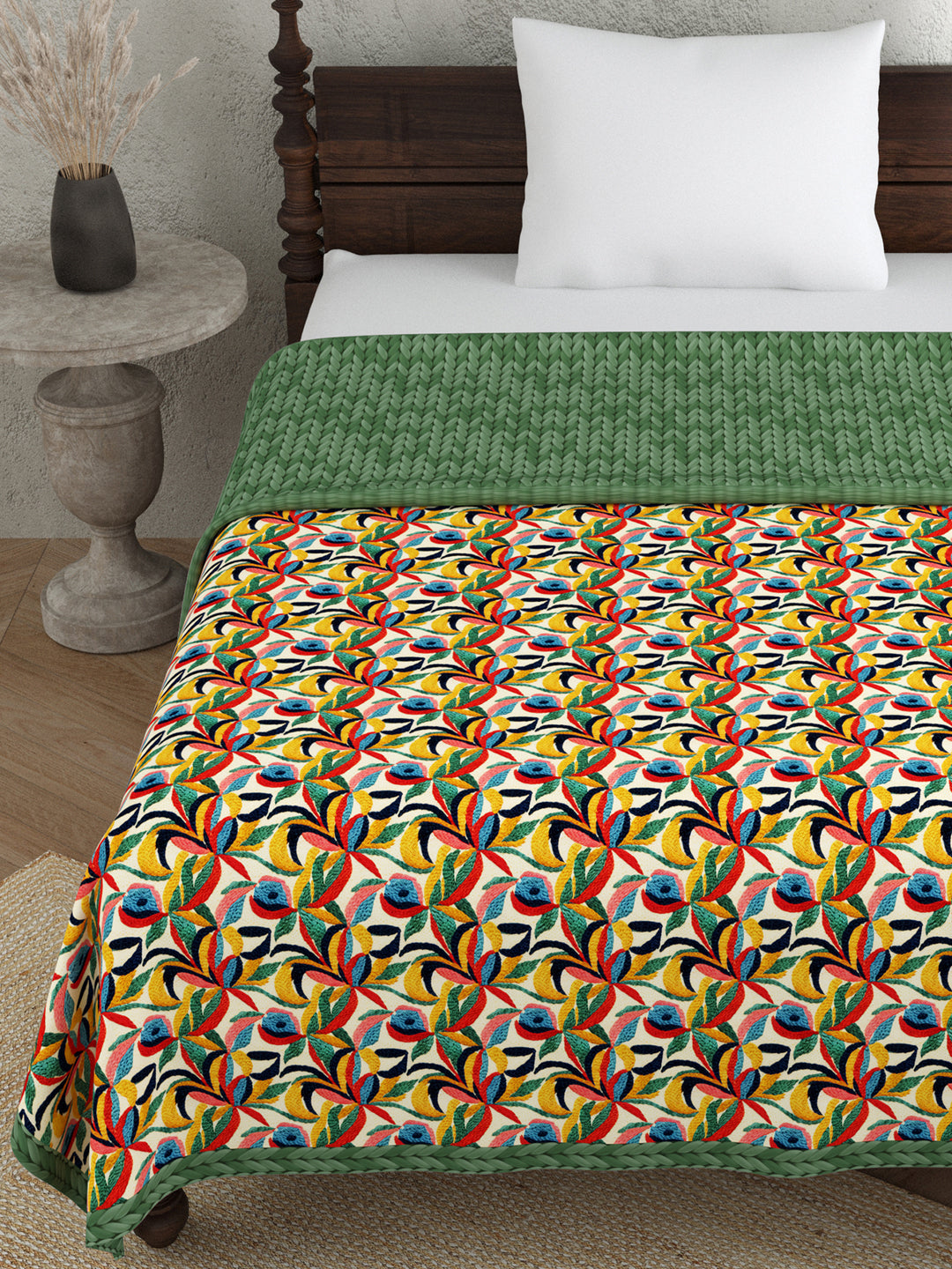 Green & Beige Floral Print AC Room 120 GSM  Cotton Single Bed Dohar