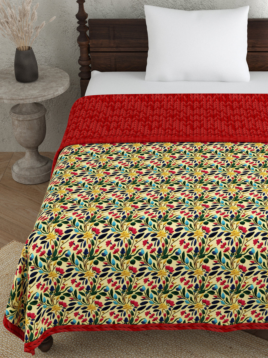 Red & Beige Floral Print AC Room 120 GSM  Cotton Single Bed Dohar