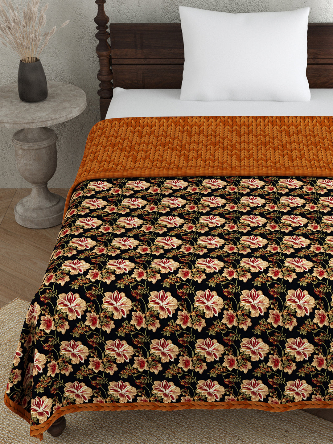 Brown & Black Floral Print AC Room 120 GSM  Cotton Single Bed Dohar