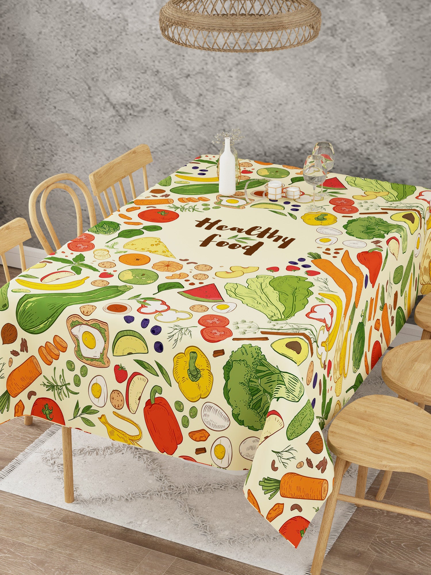 Fruits and Vegetables Printed Multi Color Cotton Table Cover