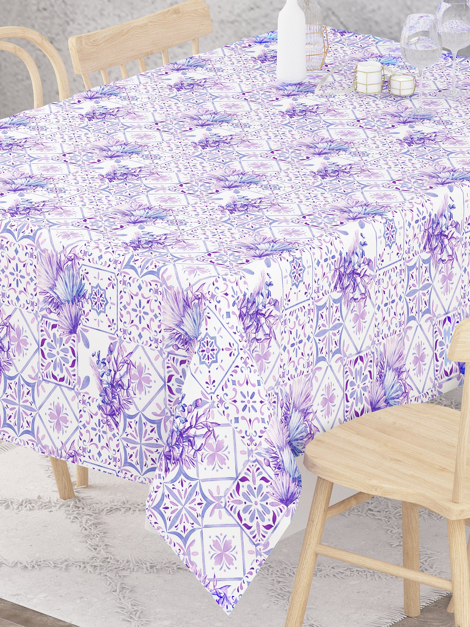 Floral Print White and Purple Table Cover