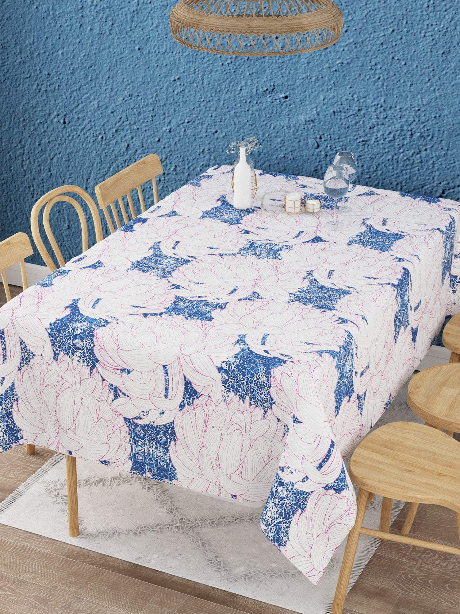 White and Blue Floral Print Table Cover