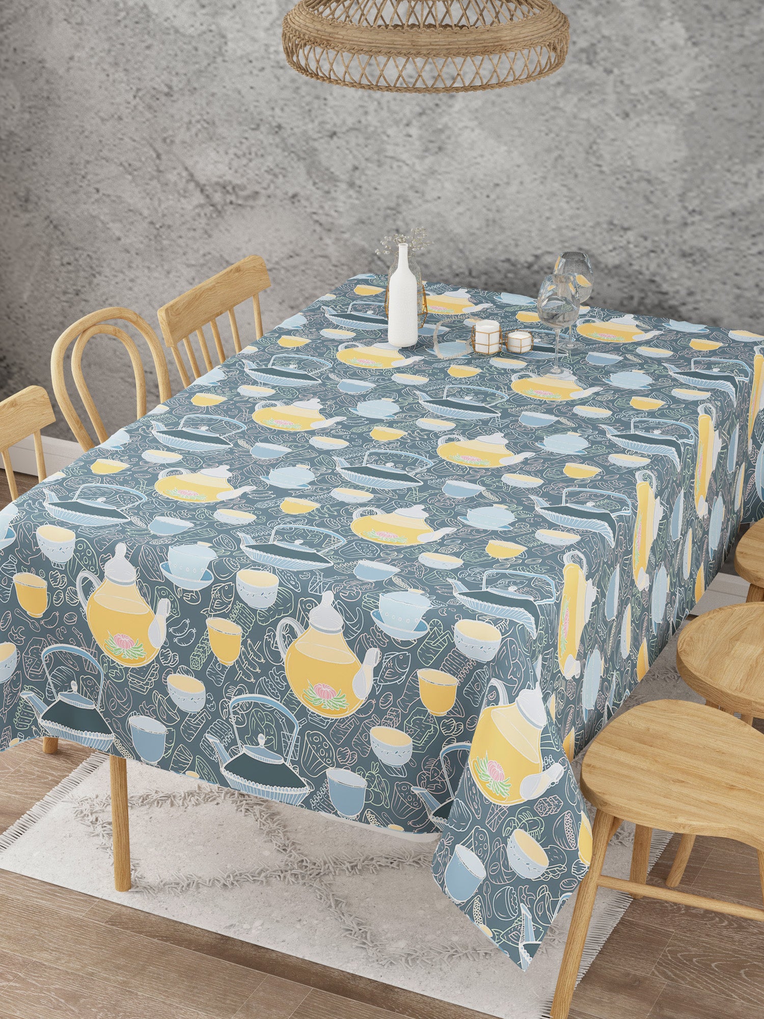 Keattle and Cup Print Grey Colored Cotton Table Cover