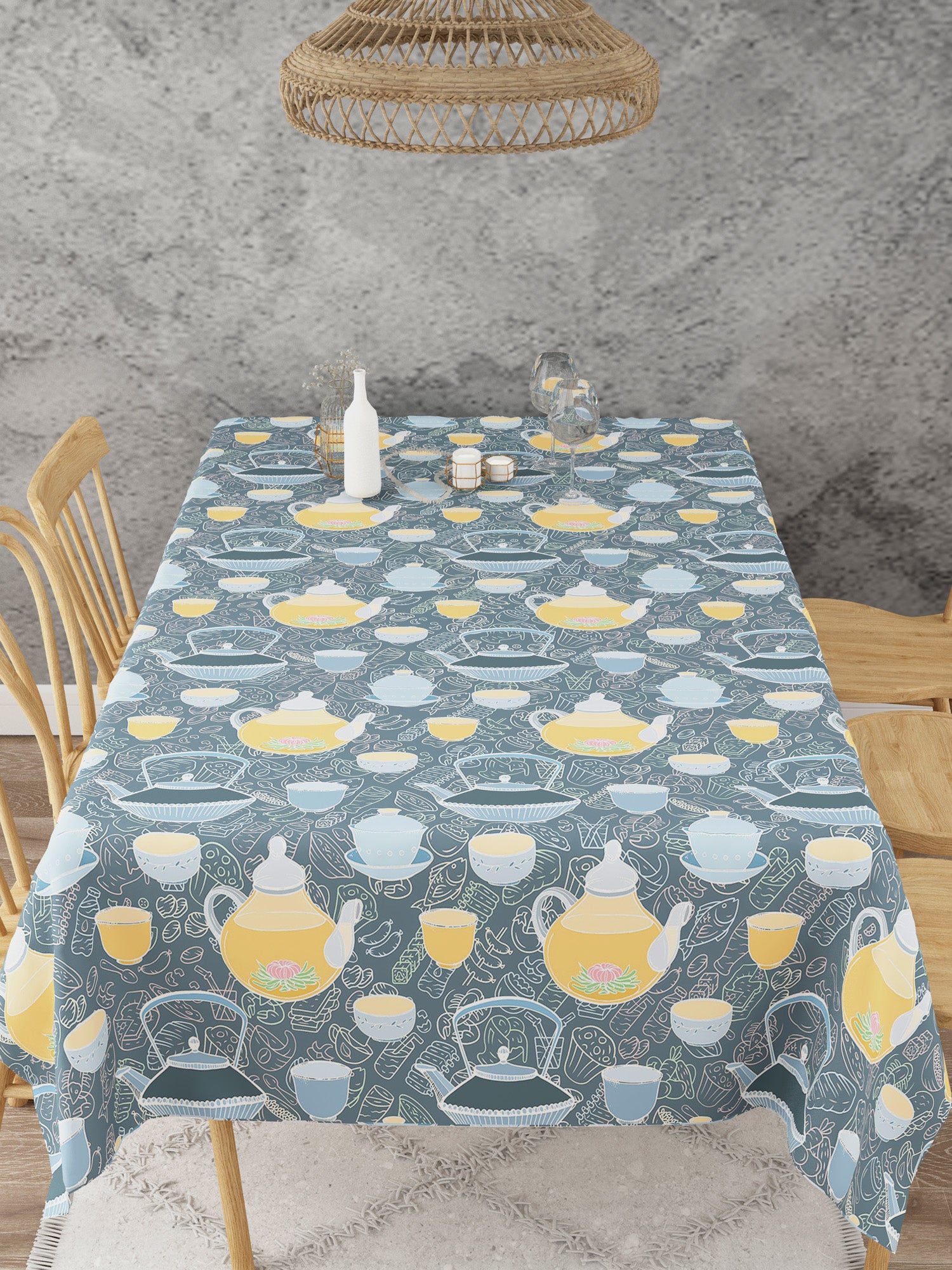 Keattle and Cup Print Grey Colored Cotton Table Cover