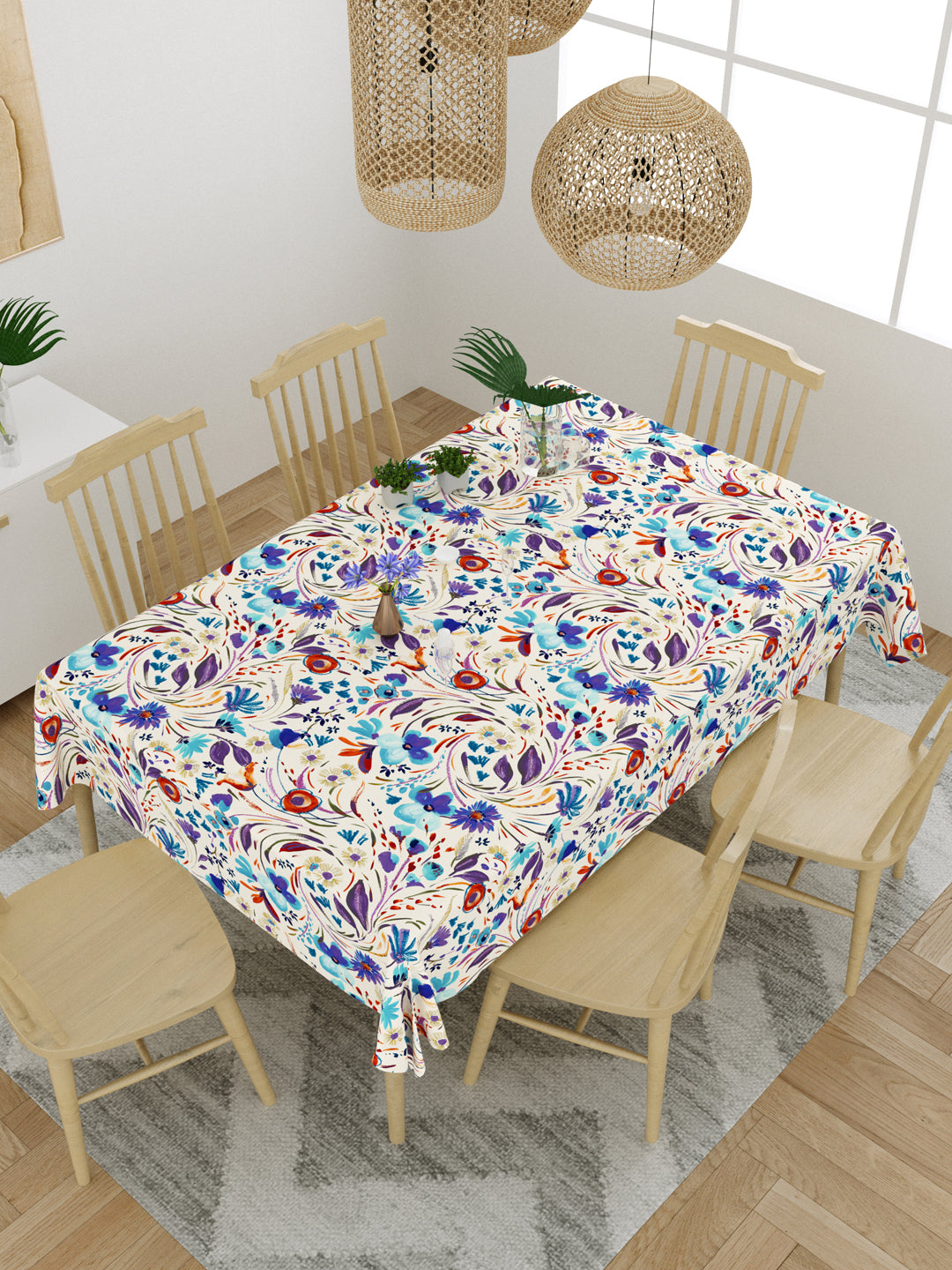 Cream and Purple Floral Print 6 Seater Table Cover