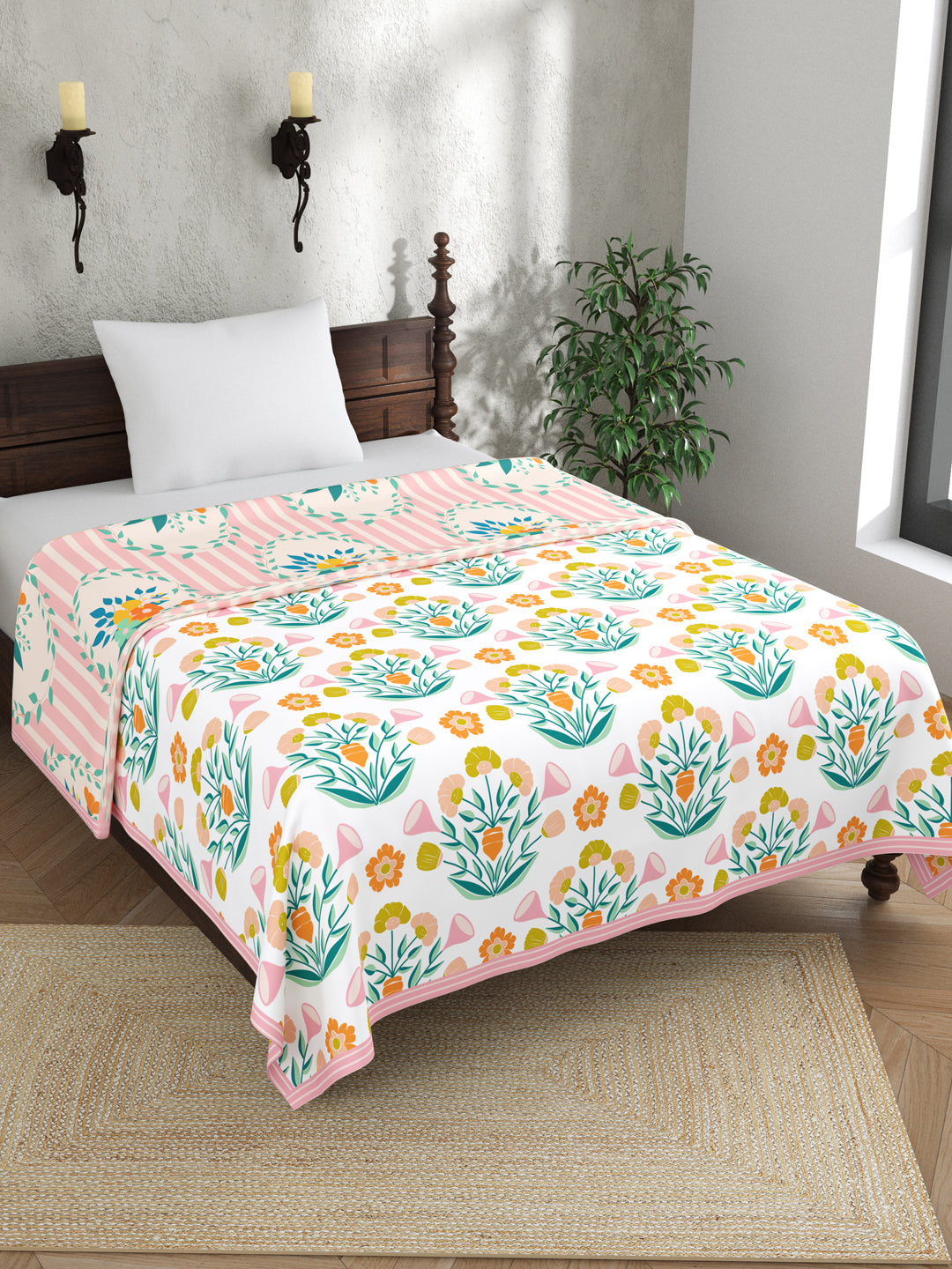 Pink & White Floral AC Room 120 GSM Single Bed Dohar