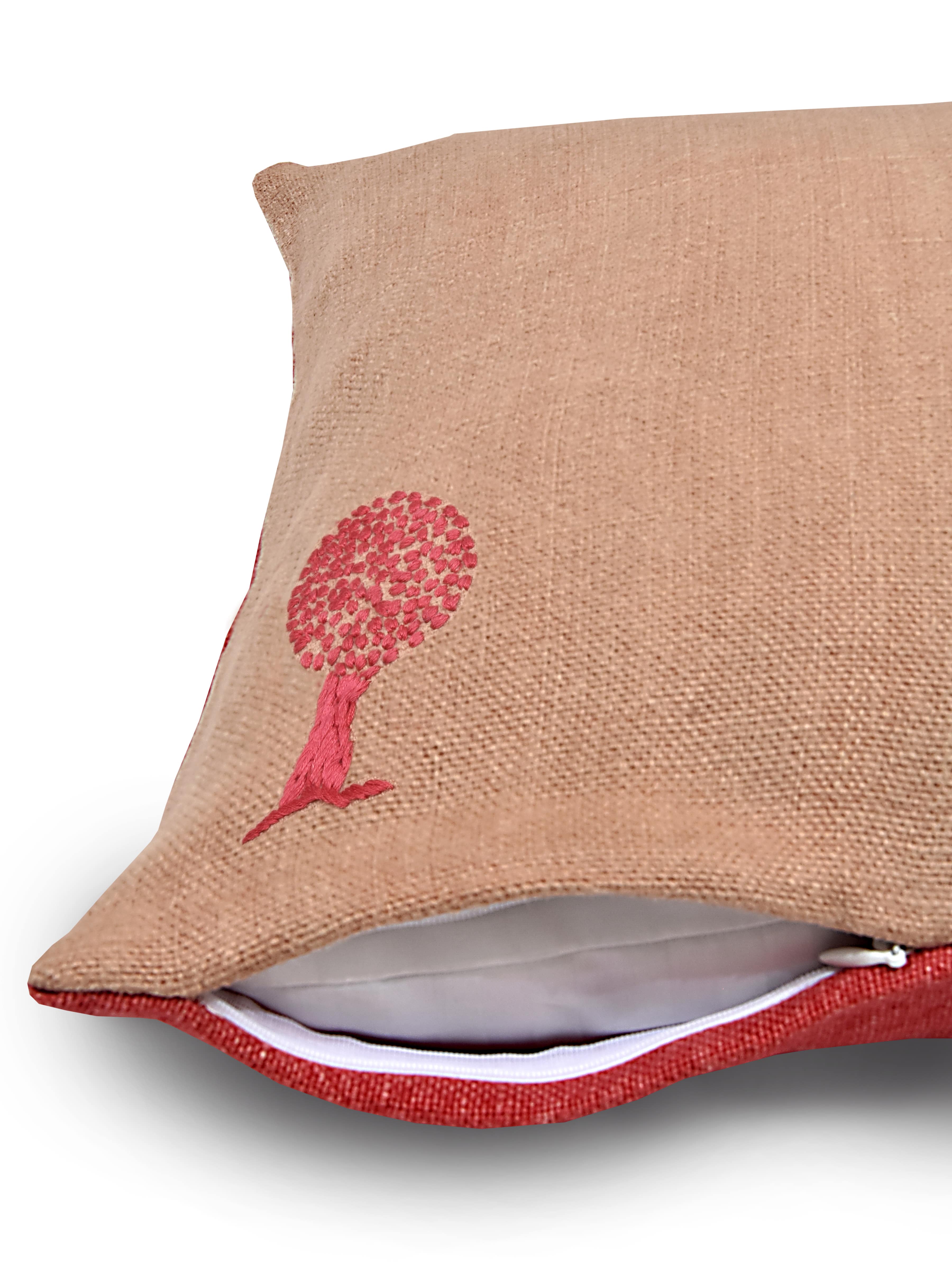 Pink and Red Hemp Tree Hand Embroidered Cushion Cover