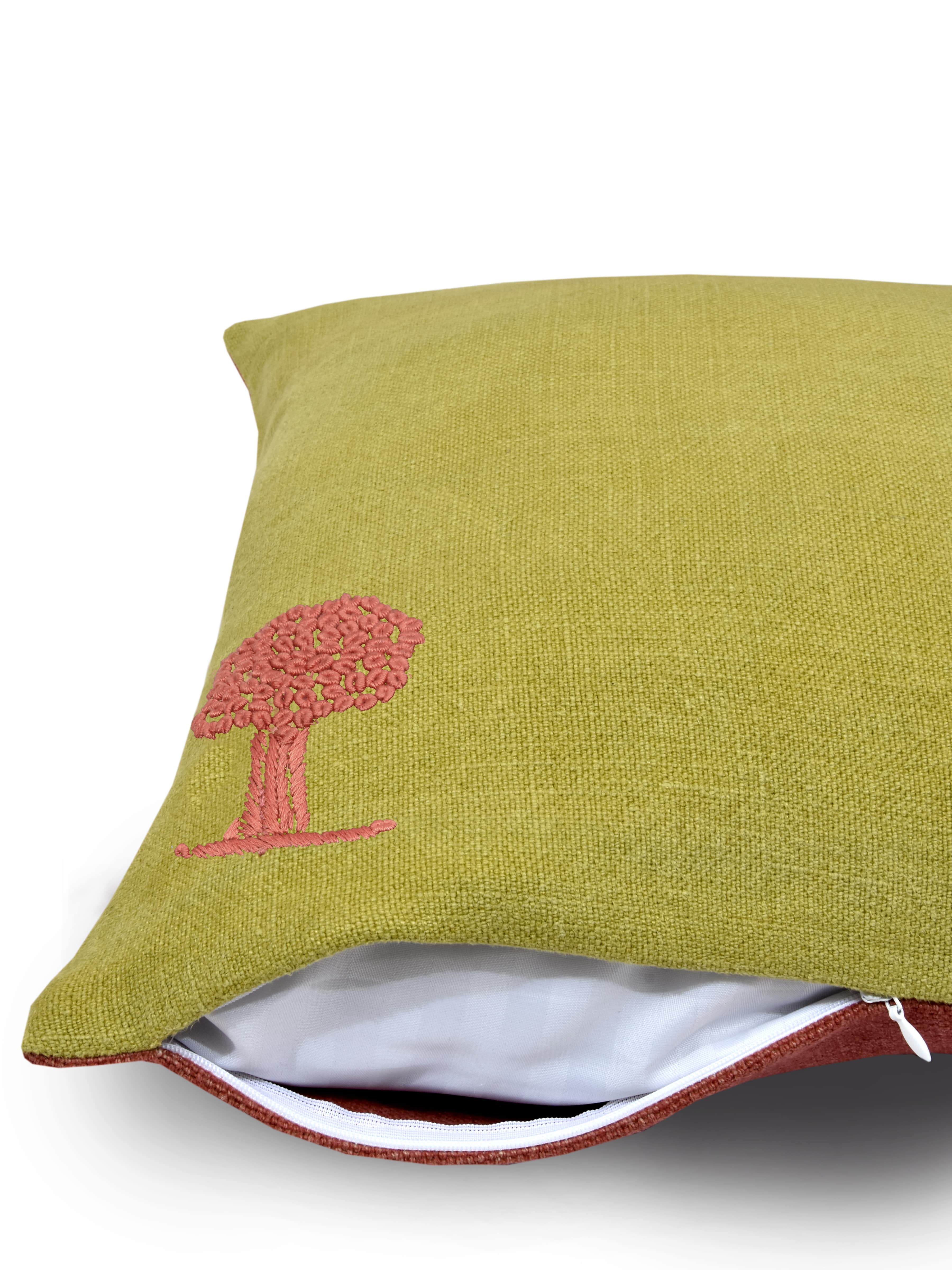 Olive Green and Brown Hemp Tree Hand Embroidered Cushion Cover