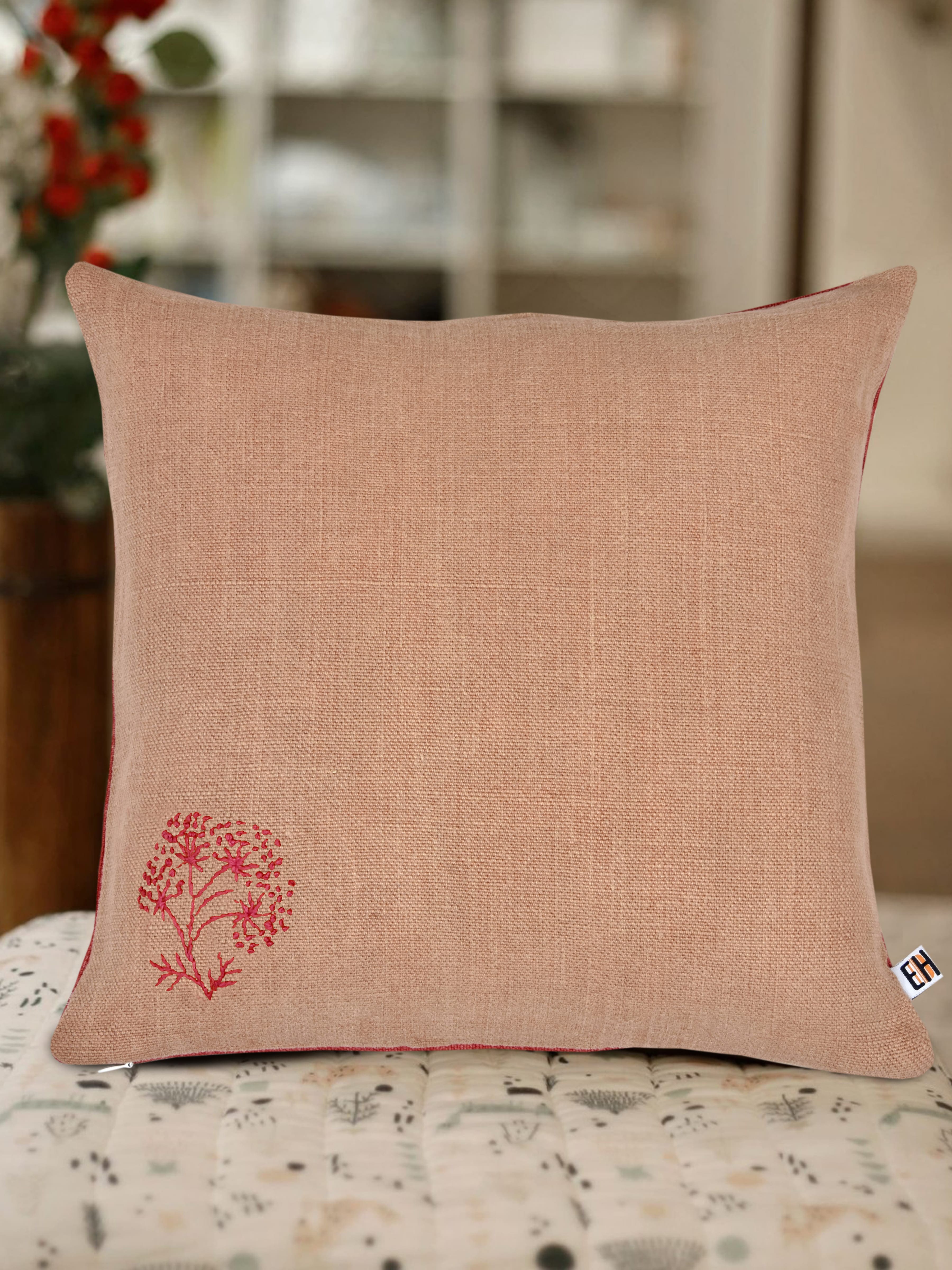 Pink and Red Hemp Floral Hand Embroidered Cushion Cover