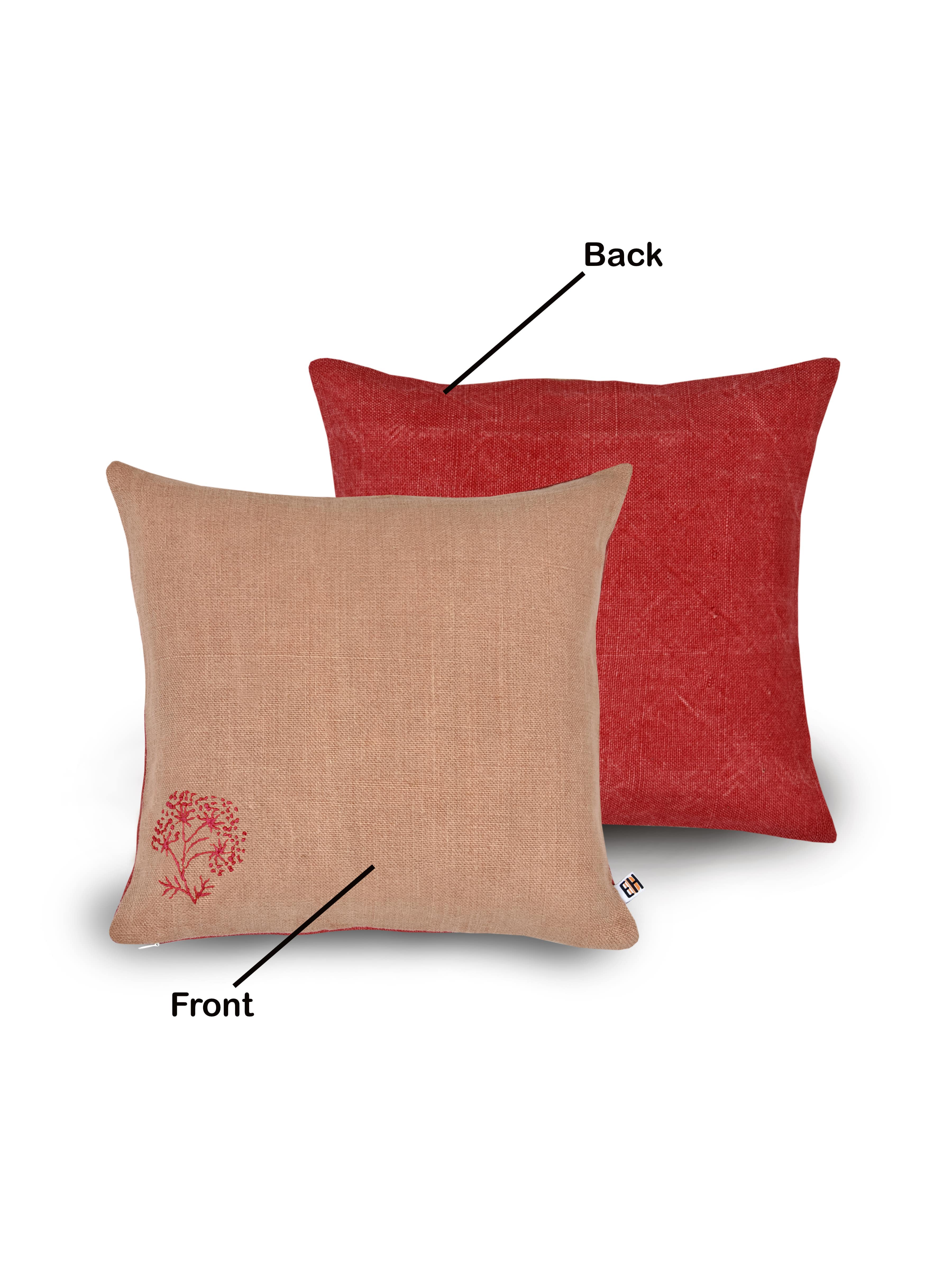 Pink and Red Hemp Floral Hand Embroidered Cushion Cover