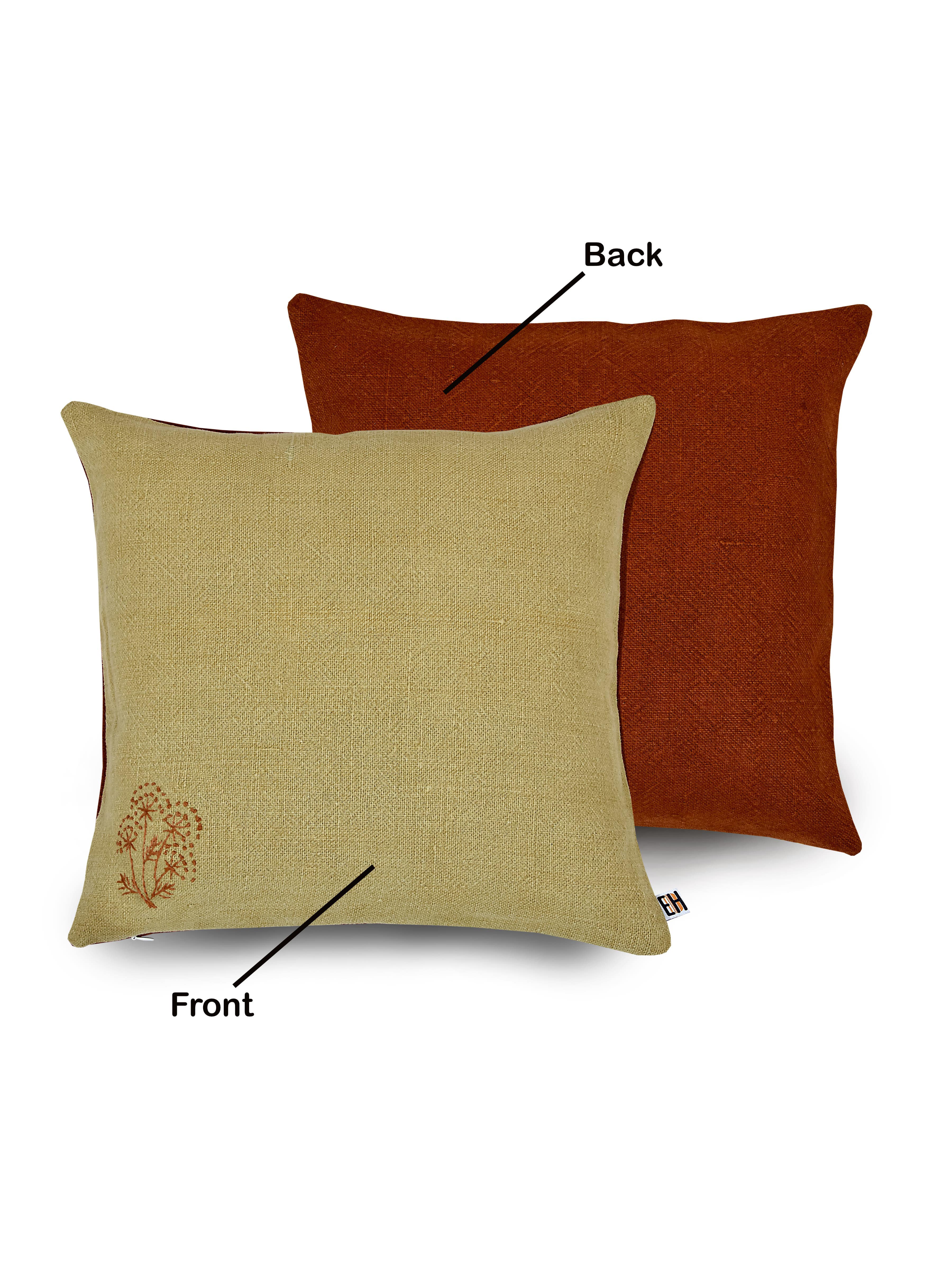 Beige and Brown Hemp Floral Hand Embroidered Cushion Cover