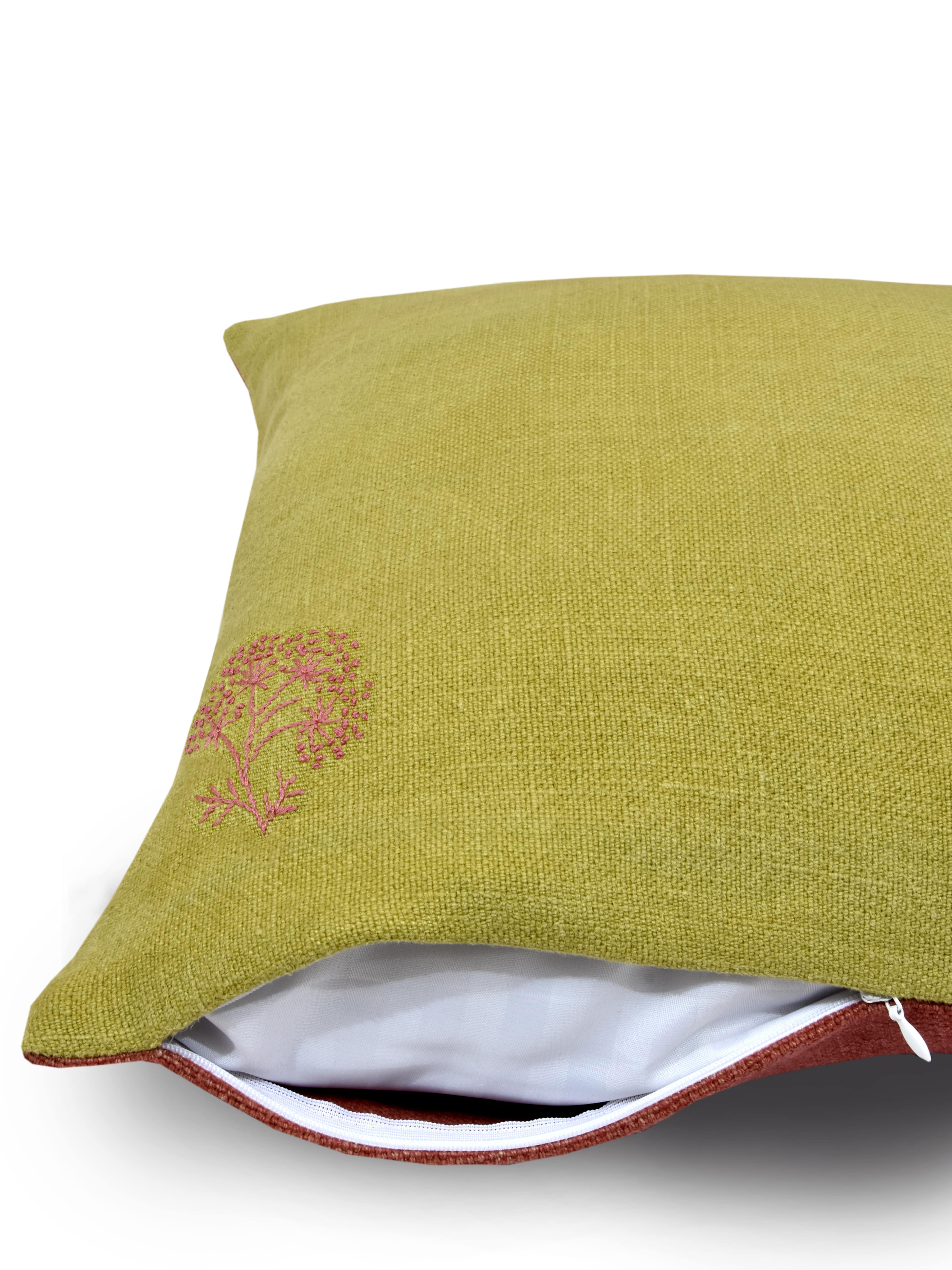 Olive Green and Brown Hemp Floral Hand Embroidered Cushion Cover