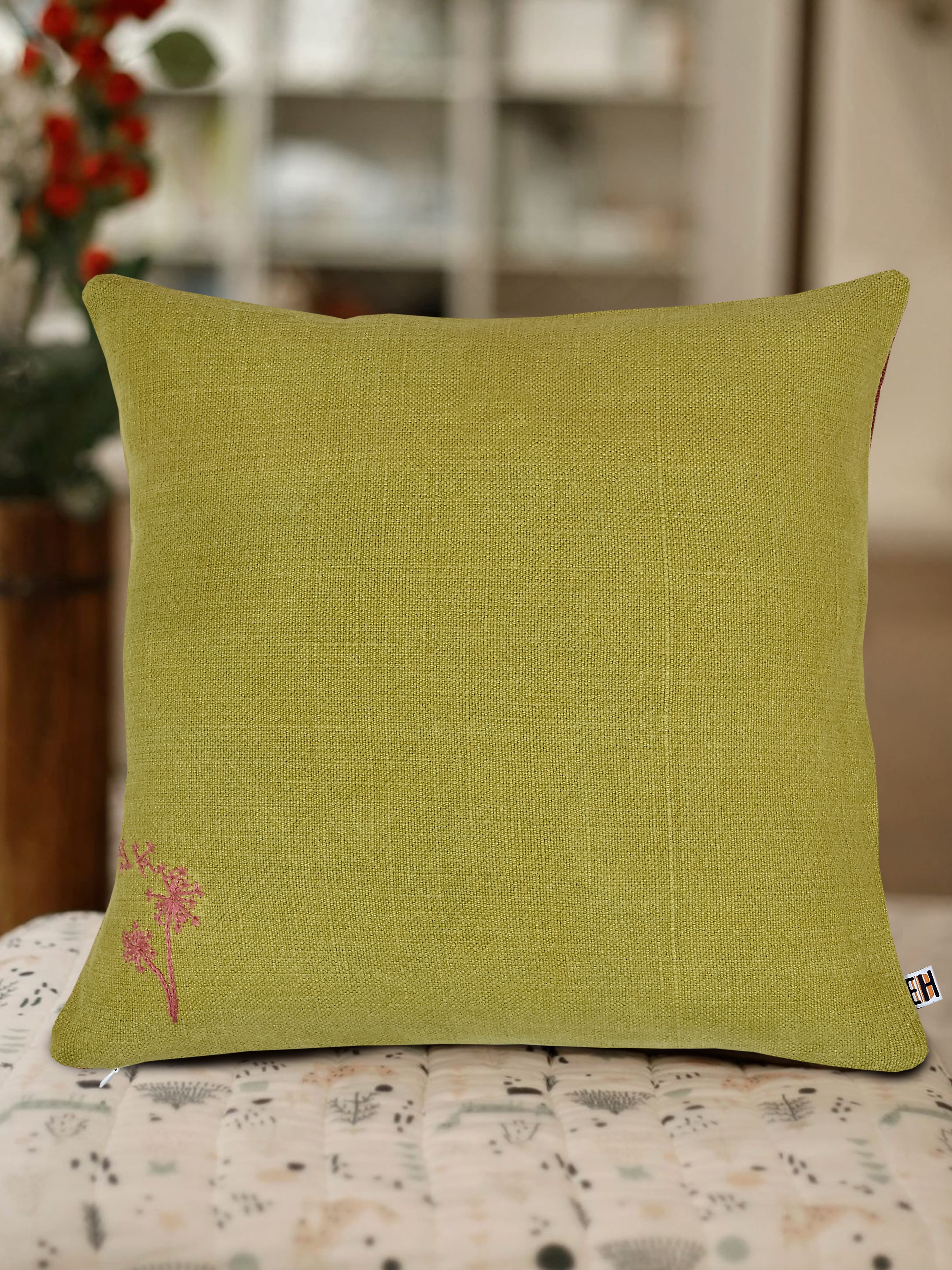 Olive Green and Brown Hemp Plant Hand Embroidered Cushion Cover