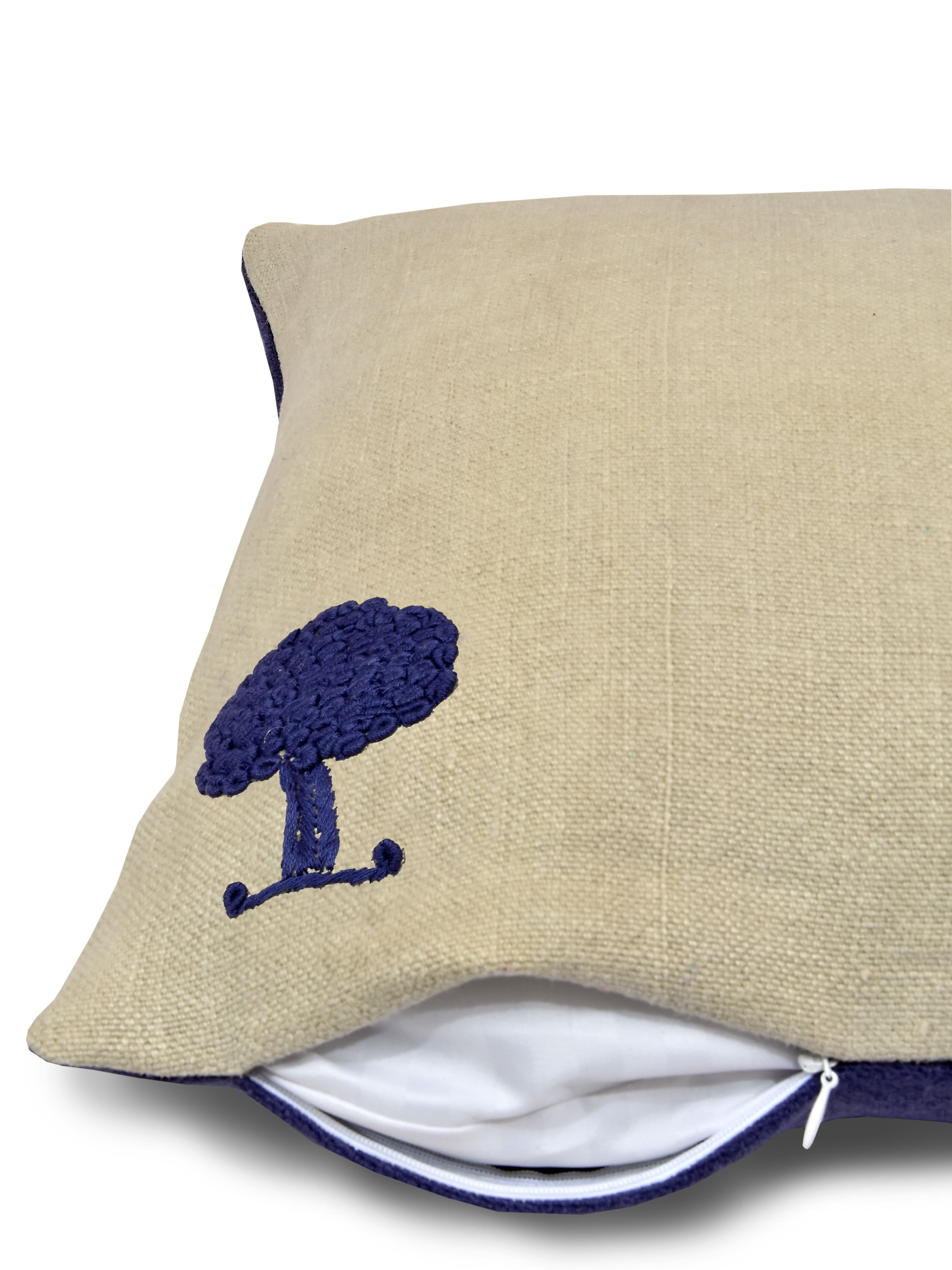 Beige and Purple Hemp Tree Hand Embroidered  Cushion Cover