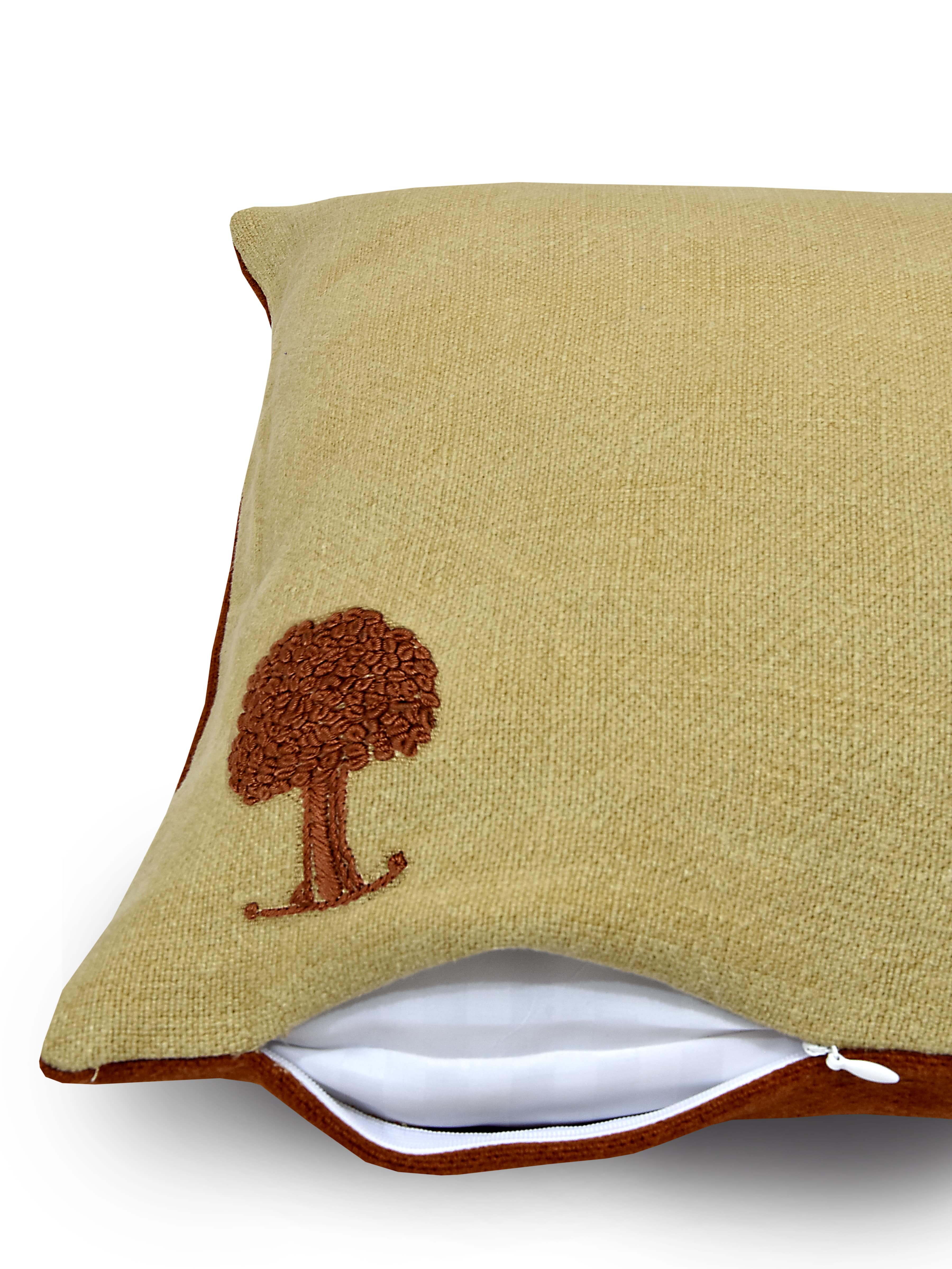Beige and Brown Hemp Tree Hand Embroidered Cushion Cover
